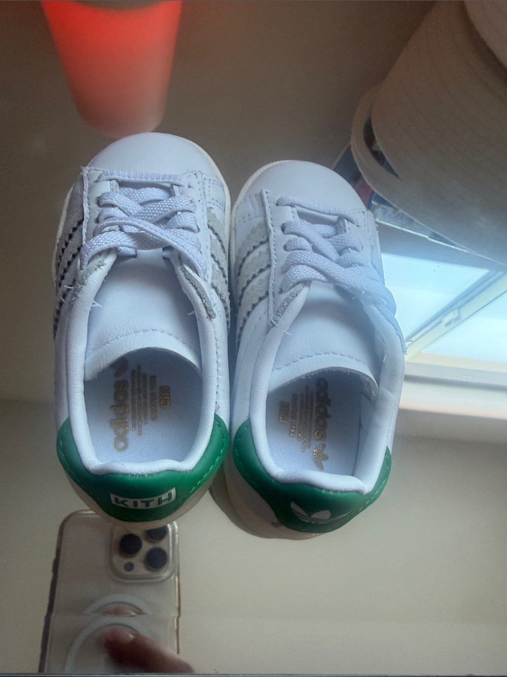 Kith x Adidas Kids White Sneakers with Green Heel Accents